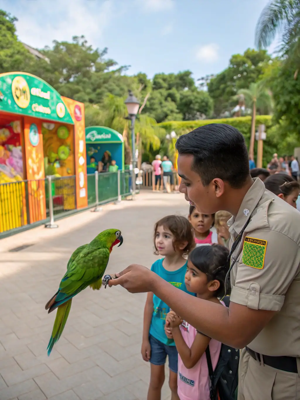 A captivating photograph of a zookeeper interacting with a group of students during an educational workshop at the ASSOCIATION CULTURELLE ZOO DE SOYAUX. The zookeeper is demonstrating animal care techniques, fostering a hands-on learning experience.