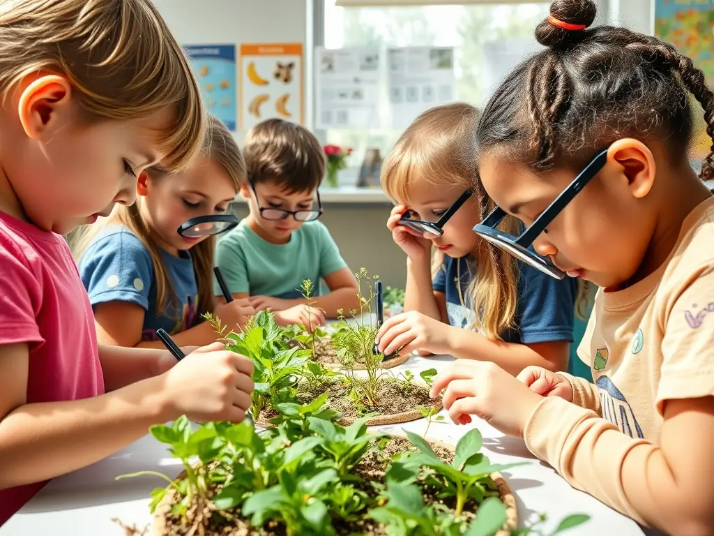 A vibrant image of children participating in a hands-on conservation workshop at the zoological site, with animals and educational signage in the background.