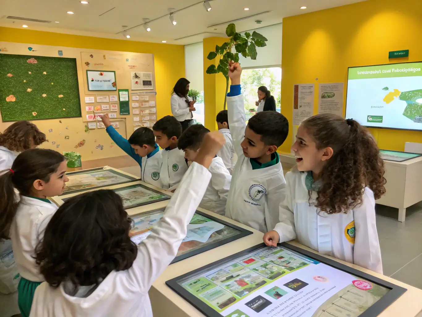 A vibrant image of children participating in a hands-on conservation workshop at the zoological site, with animals and educational signage in the background.