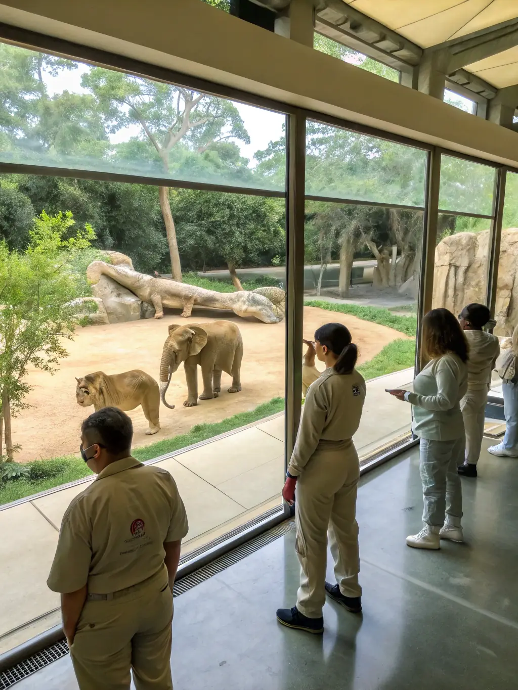 A heartwarming image of visitors observing animals in a naturalistic enclosure at the ASSOCIATION CULTURELLE ZOO DE SOYAUX, showcasing the zoo's commitment to animal welfare and conservation. The scene highlights the importance of ethical animal care.