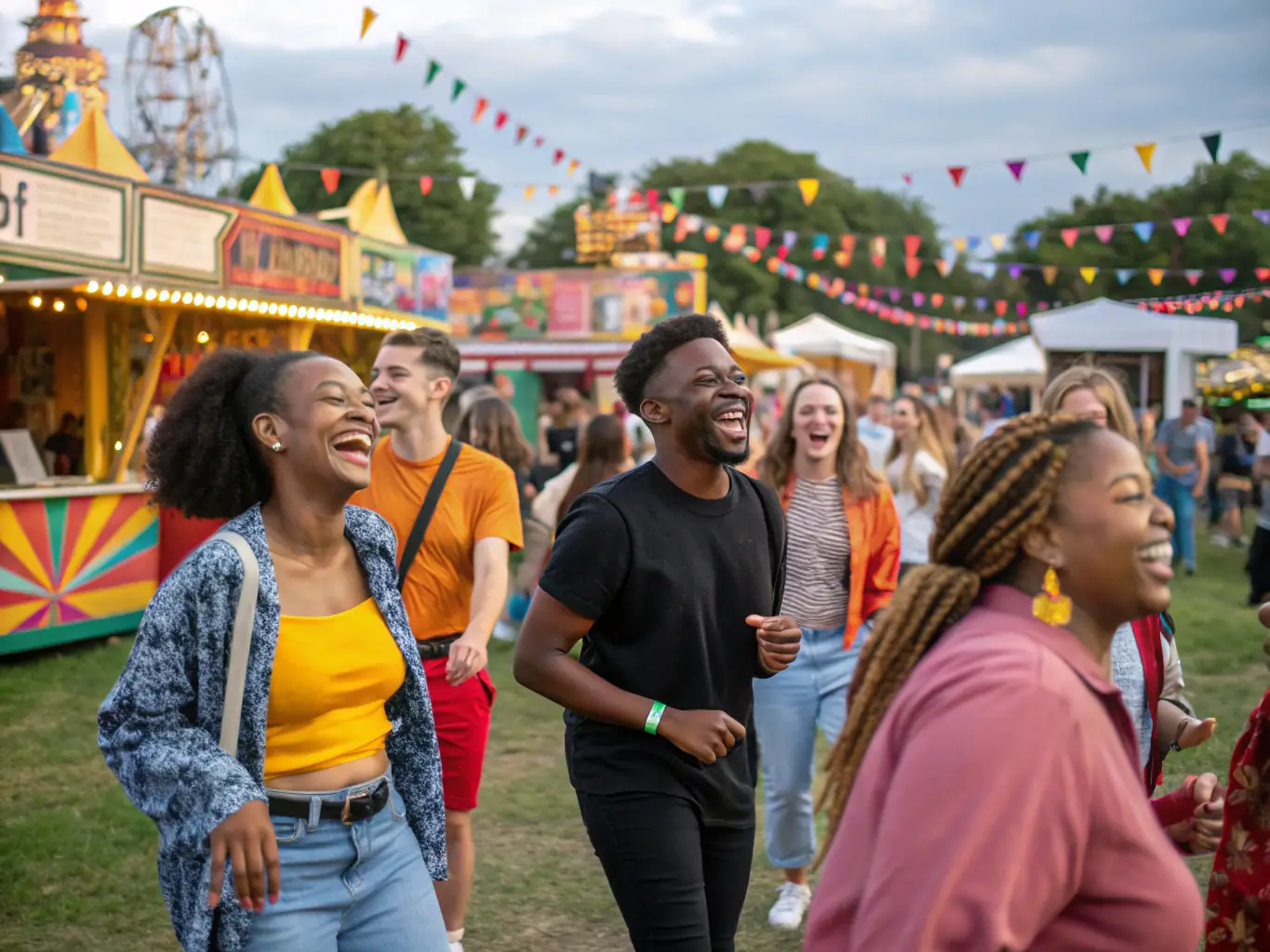 A diverse group of people attending a cultural event at the ASSOCIATION CULTURELLE ZOO DE SOYAUX, enjoying music, art, and local cuisine. The atmosphere is lively and inclusive, celebrating the community's cultural heritage.