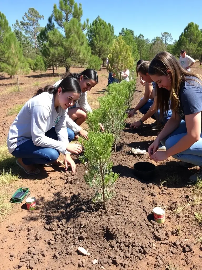 A visually appealing image of volunteers participating in a habitat restoration project at the ASSOCIATION CULTURELLE ZOO DE SOYAUX, planting native trees and shrubs. The scene emphasizes the importance of community involvement in conservation.