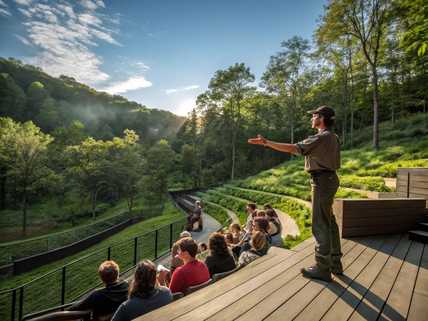A photograph of a group of visitors on a guided tour of the zoo, led by an experienced zoologist who is pointing out interesting facts about the animals.