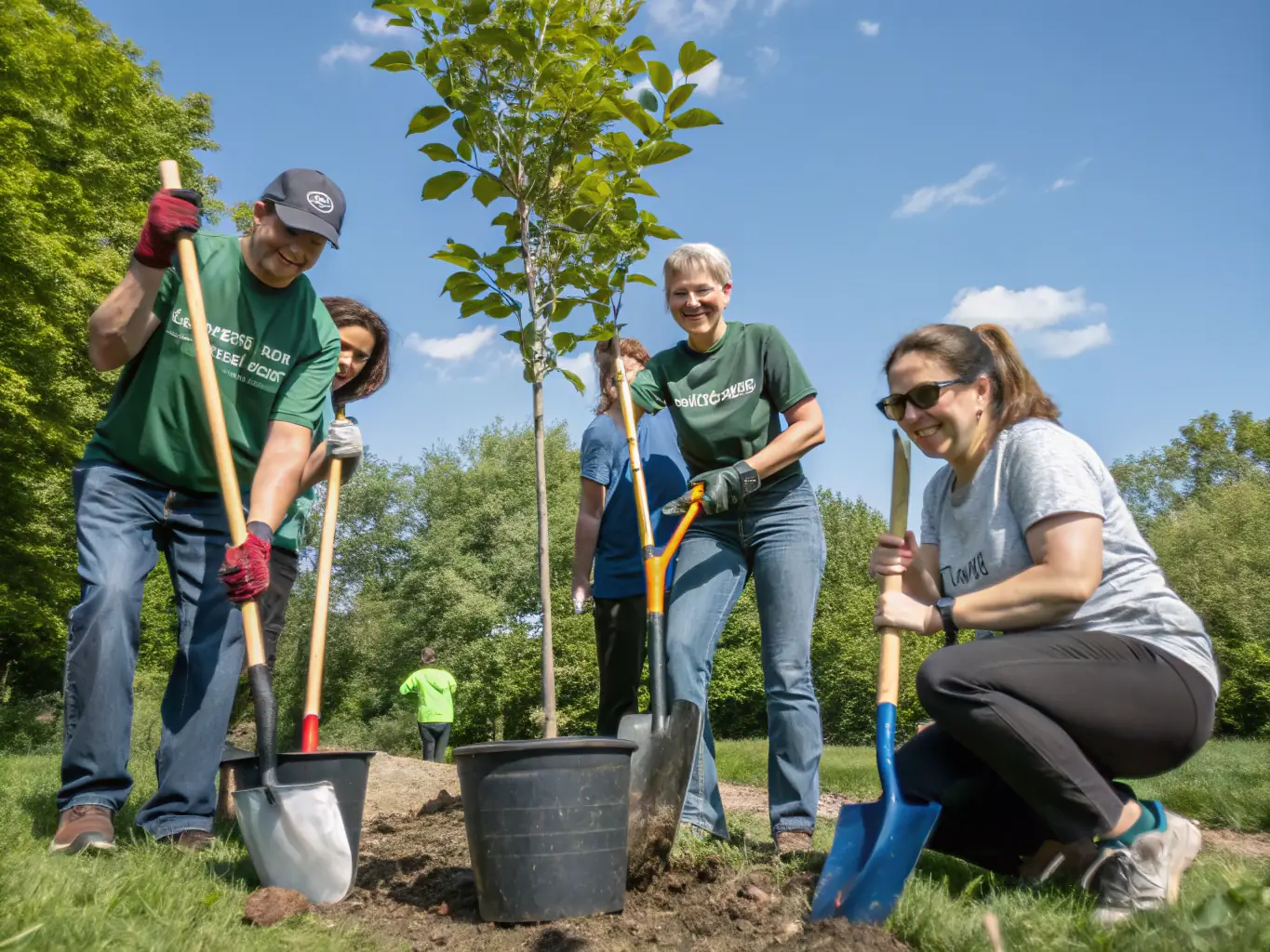 Volunteers planting trees and creating a green space in a community garden associated with the ASSOCIATION CULTURELLE ZOO DE SOYAUX. The image showcases community collaboration and environmental improvement.