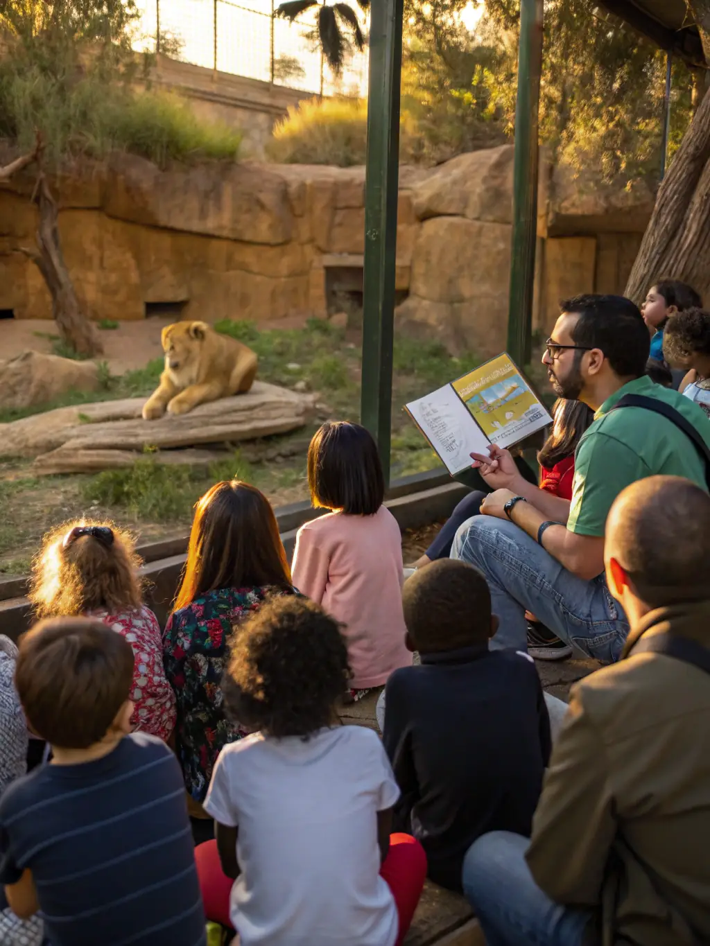 A group of children participating in a guided tour at the ASSOCIATION CULTURELLE ZOO DE SOYAUX, listening attentively to a zoo educator explaining about animal habitats.