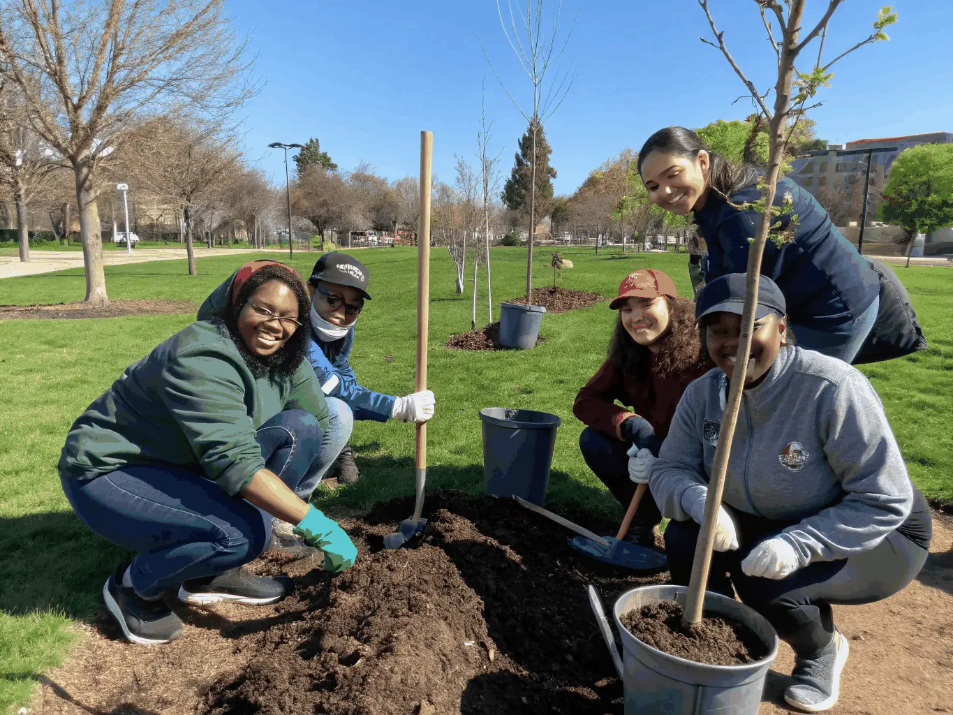 A group of volunteers planting trees as part of a conservation project, showcasing community involvement and environmental stewardship.