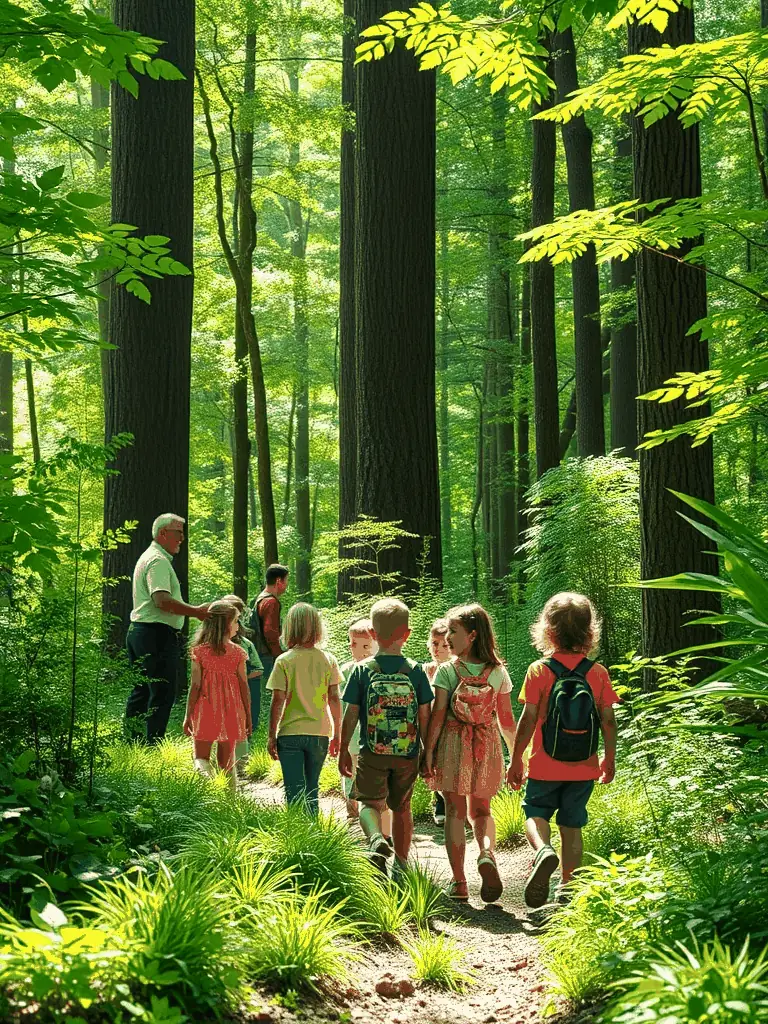 A vibrant image of children participating in a guided tour at the ASSOCIATION CULTURELLE ZOO DE SOYAUX, with a knowledgeable guide pointing out different animal species in their natural habitats. The scene captures the excitement and educational aspect of the tour.