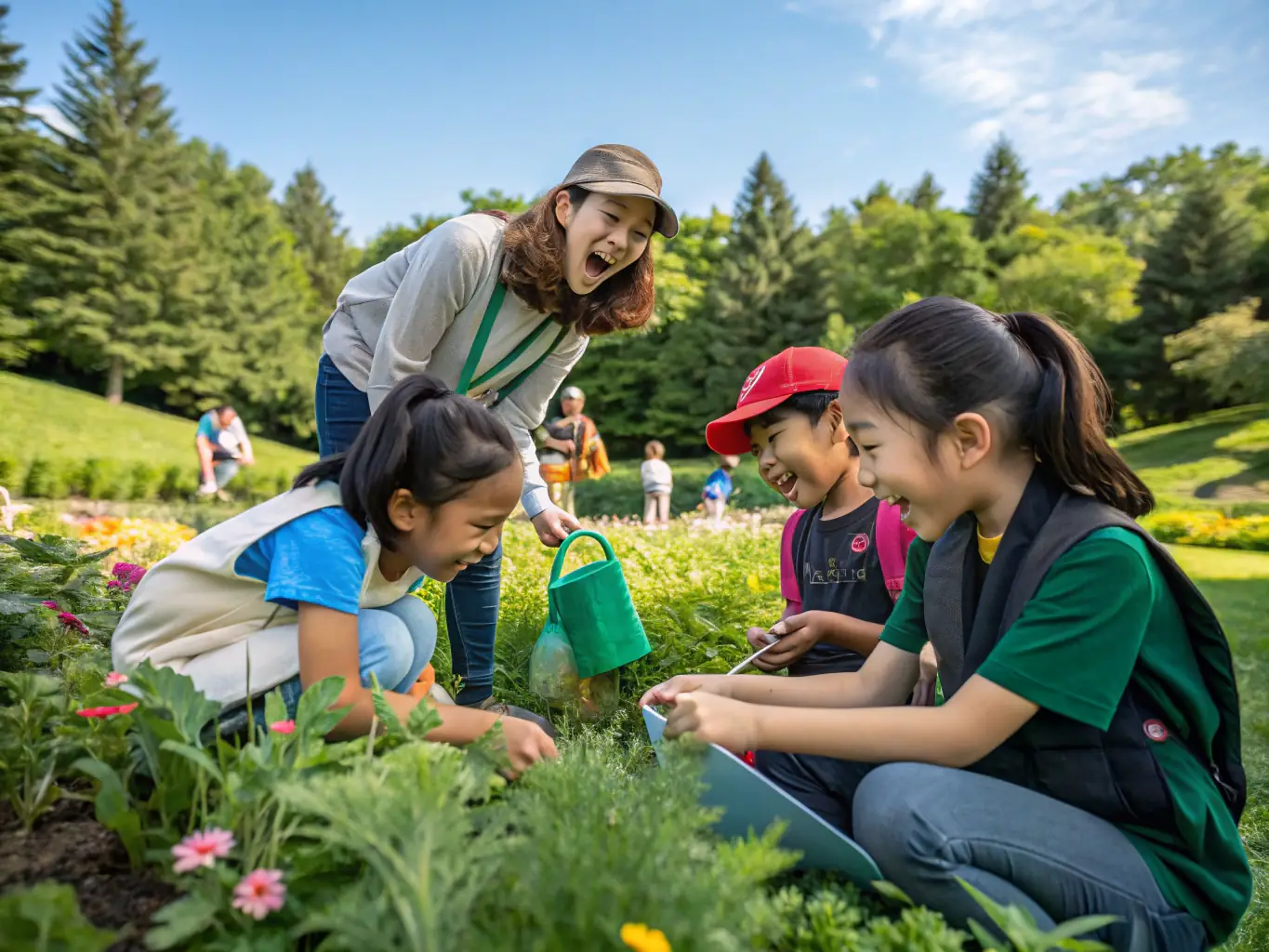 A group of children participating in a hands-on educational program at the ASSOCIATION CULTURELLE ZOO DE SOYAUX, learning about local wildlife and conservation efforts. The scene is bright and engaging, with children actively involved in the activity.
