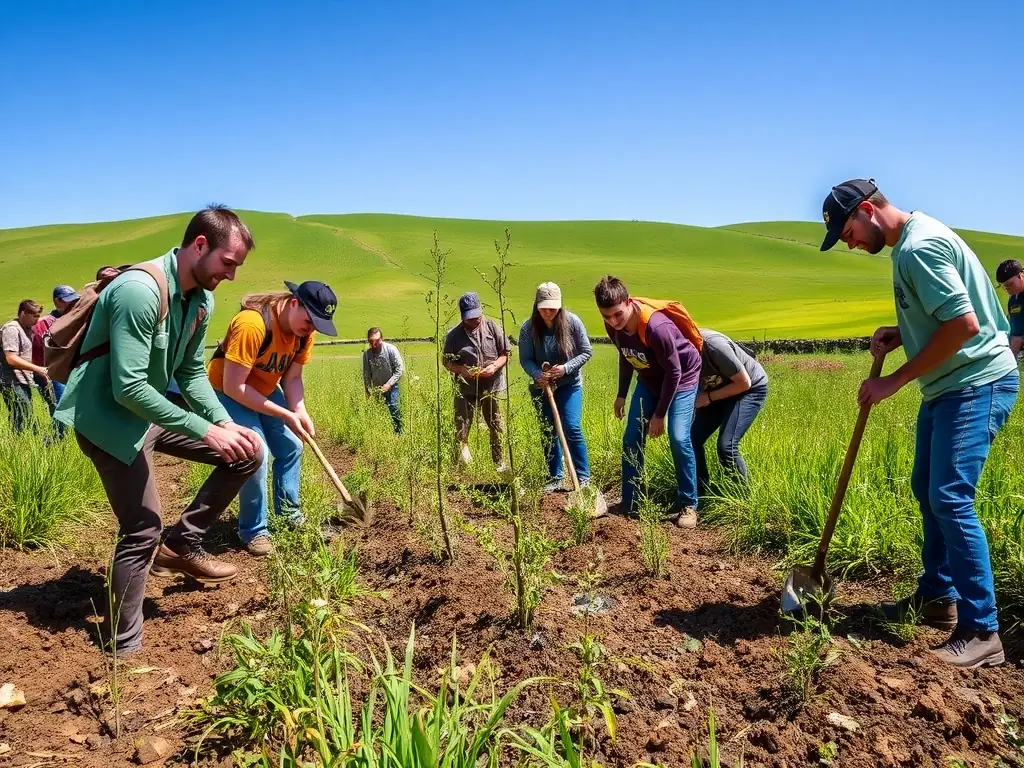 A dynamic image of volunteers participating in a habitat restoration project, planting trees and clearing invasive species in a natural setting.